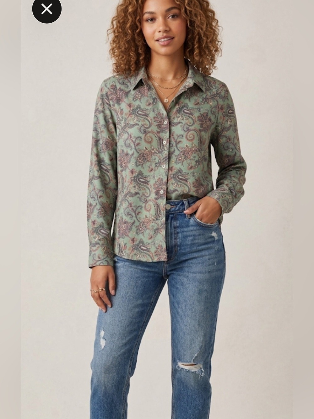 Foxcroft for Appleseed’s Dark Green Paisley Wrinkle-Free Button Down Top Size 6P